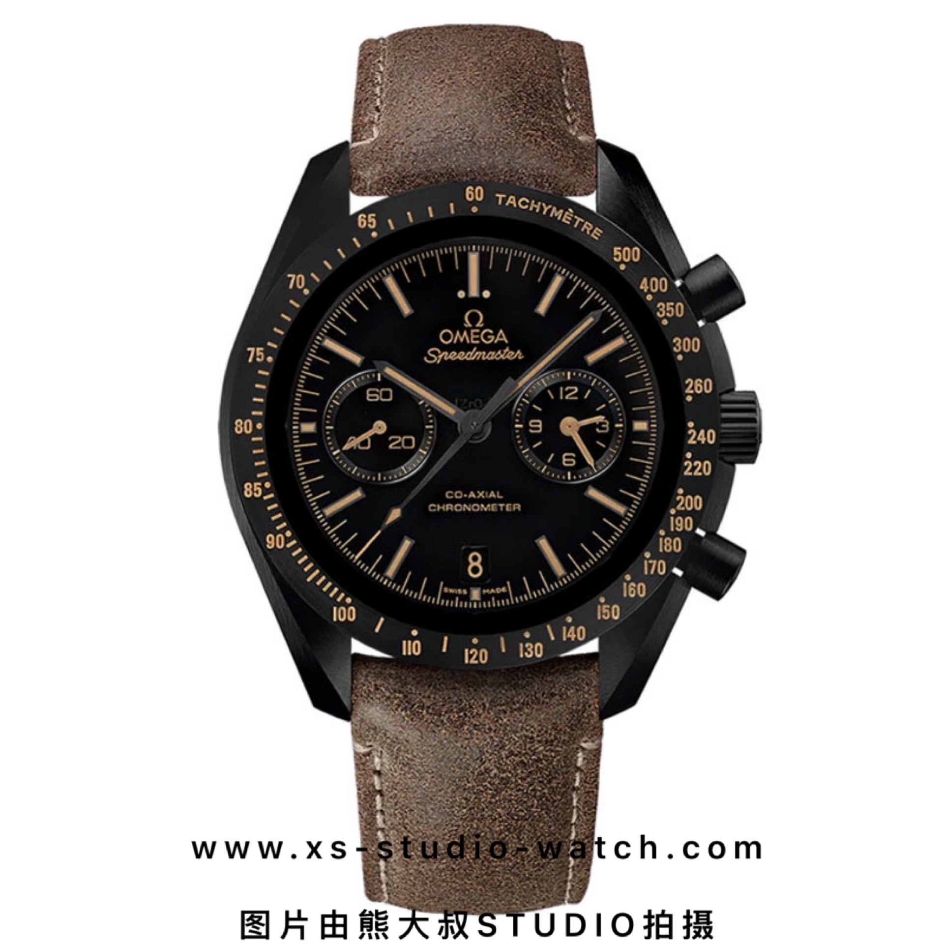 欧米茄 OMEGA SPEEDMASTER 月之暗面计时表 黑陶瓷双小盘皮带